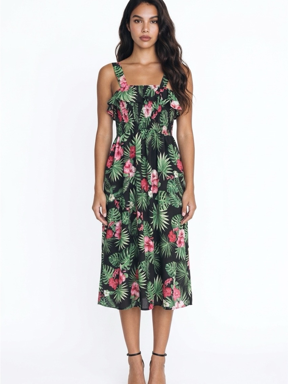 Tropical Print Midi Dress in Black and Pink
